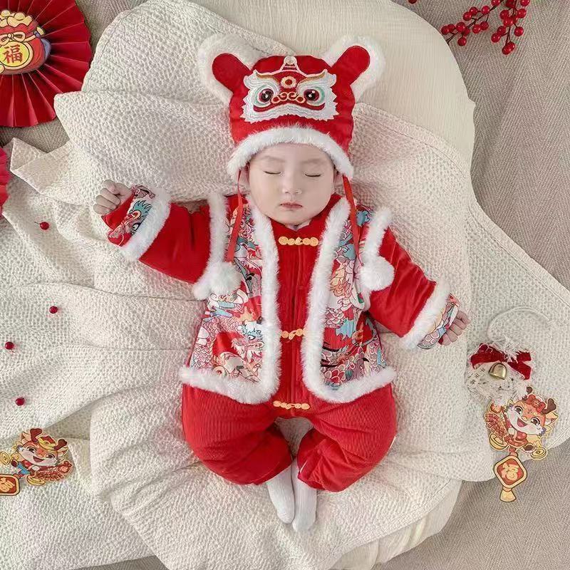 Baby new year's day outfit festive onesie baby winter clothes red hundred days first birthday dress fleece-linedthickened new year clothes