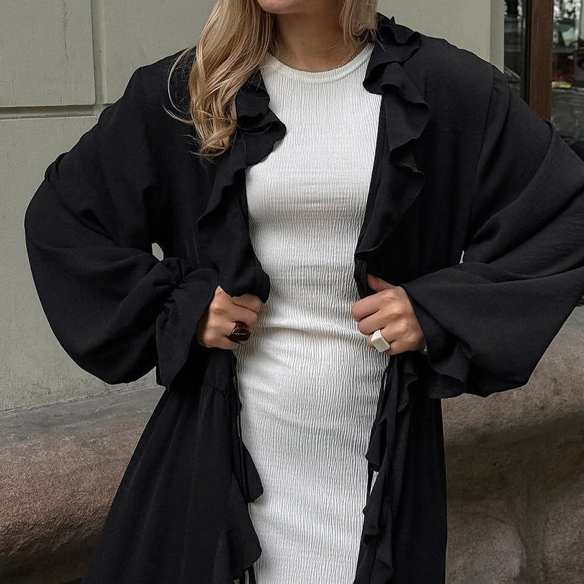 Cross-border European and American new black long-sleeved ruffle edge cardigan women's holiday style niche long lace-up split dress