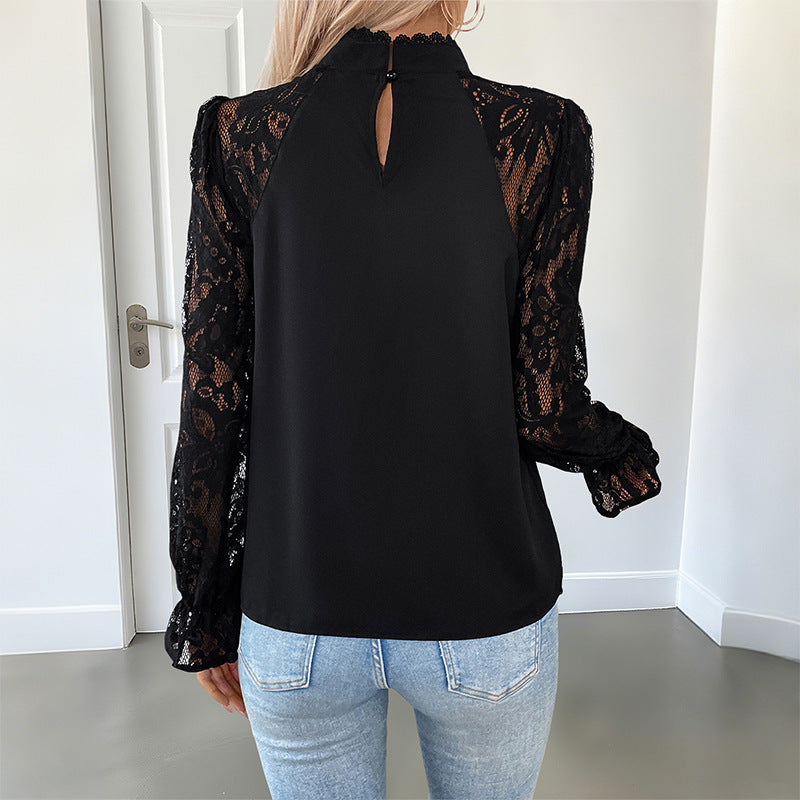 European  2025 new autumn  versatile sexy elegant semi-turtleneck solid color lace long-sleeved shirt women