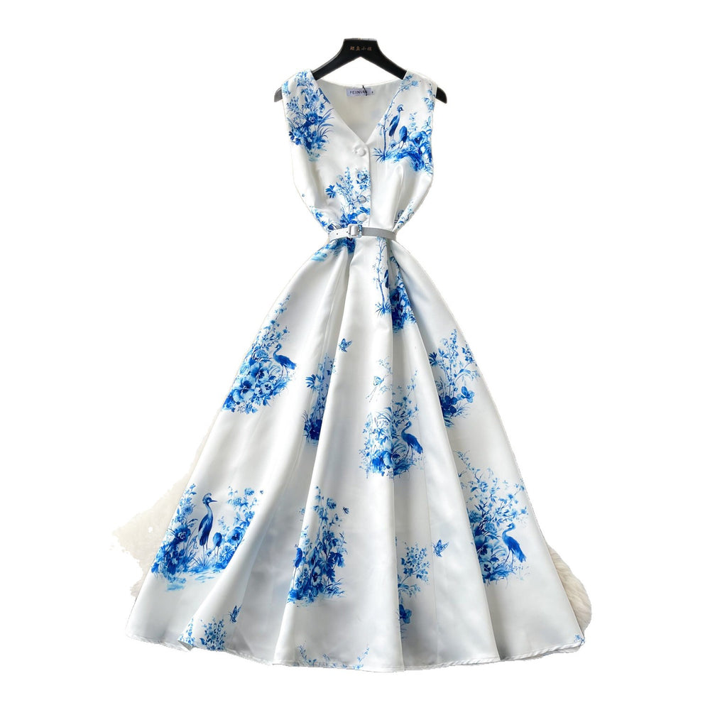 Blue and white porcelain style sleeveless floral print dress - women's summer v-neck, slimming, elegant maxi dress for work and casual wear