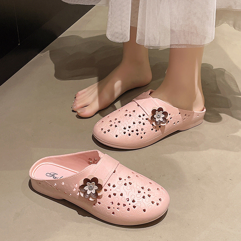 2026 new women's open-toe hollow-out flat sandals with colorful floral design - casual closed-toe slippers