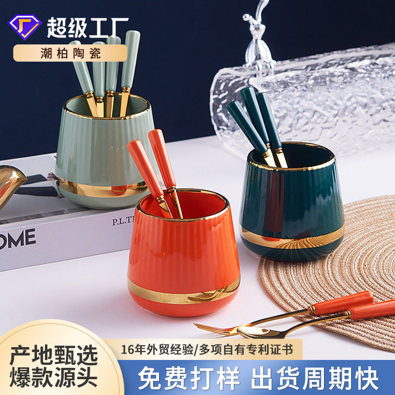Custom stainless steel fruit fork set with ceramic fruit fork jar - multi-purpose pen holder, high-value fruit forks, customizable designs