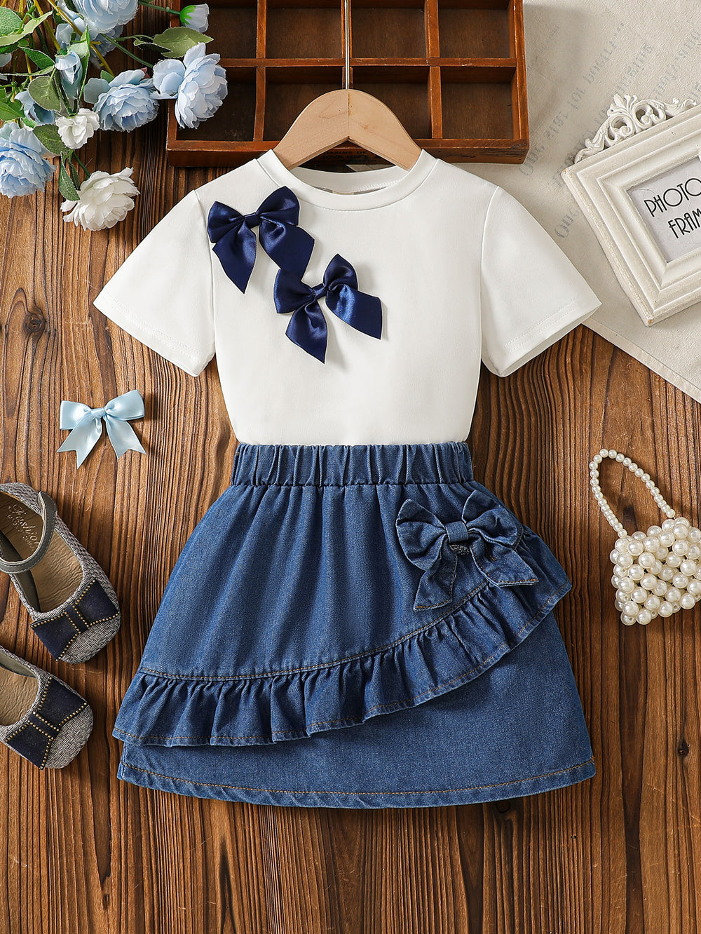 new cross-border girls' round neck knitted top with heavily washed denim bowknot jeans two-piece set