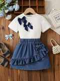 new cross-border girls' round neck knitted top with heavily washed denim bowknot jeans two-piece set