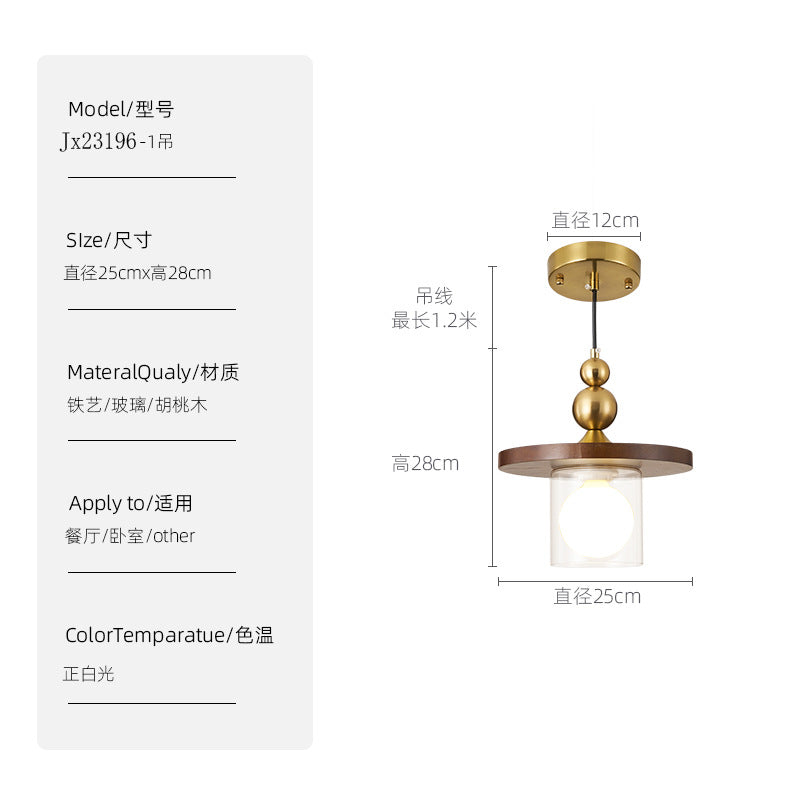 Vintage walnut bedside pendant light - gold & clear glass - retro southeast asian style - bedroom, bar, entryway, homestay