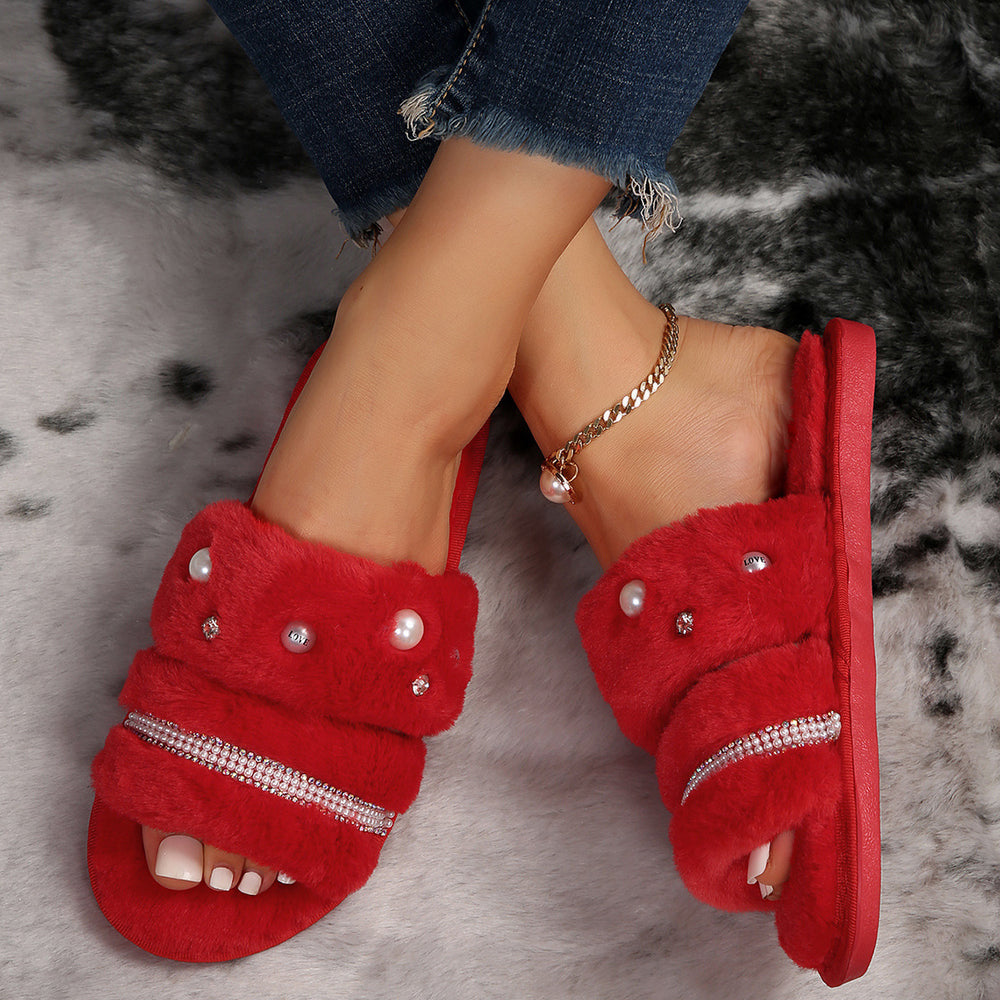 autumn winterflatseasiest for matchinscasual one-piece cotton slippers indoor and outdoor wear rhinestone pearl fur slippers