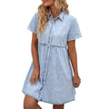 Fashion cross-border  independent station new product lapel short-sleeved fashioncasualloose denim shirt style dress