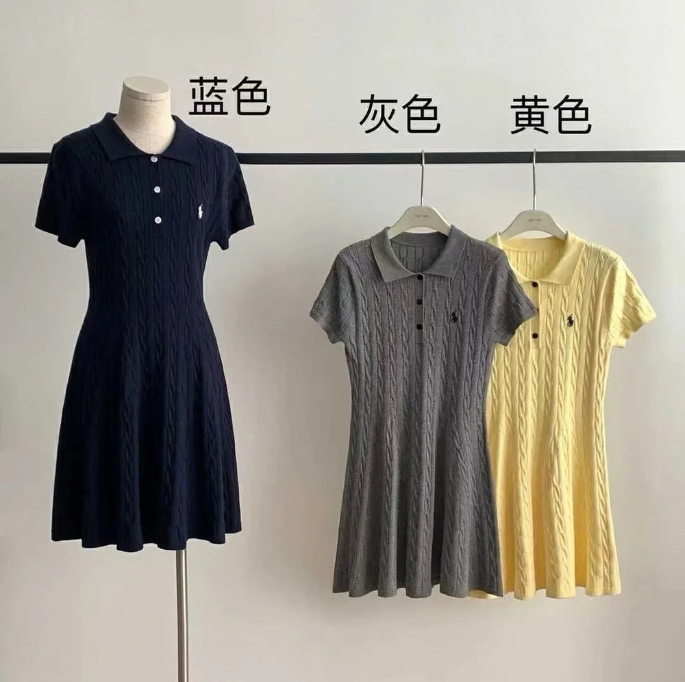 Classic export polo style preppy casual summer cable knit short sleeve knit dress skirt for women