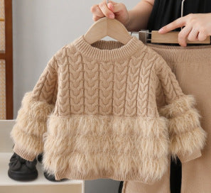 Girls' faux mink two-piece sweater set -  autumn/winter new collection - baby girl crewneck sweater and pants outfit