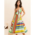colorful stripes suspender dress bohemia vacation back cut out tassel strap flap pocket pants large swing skirt