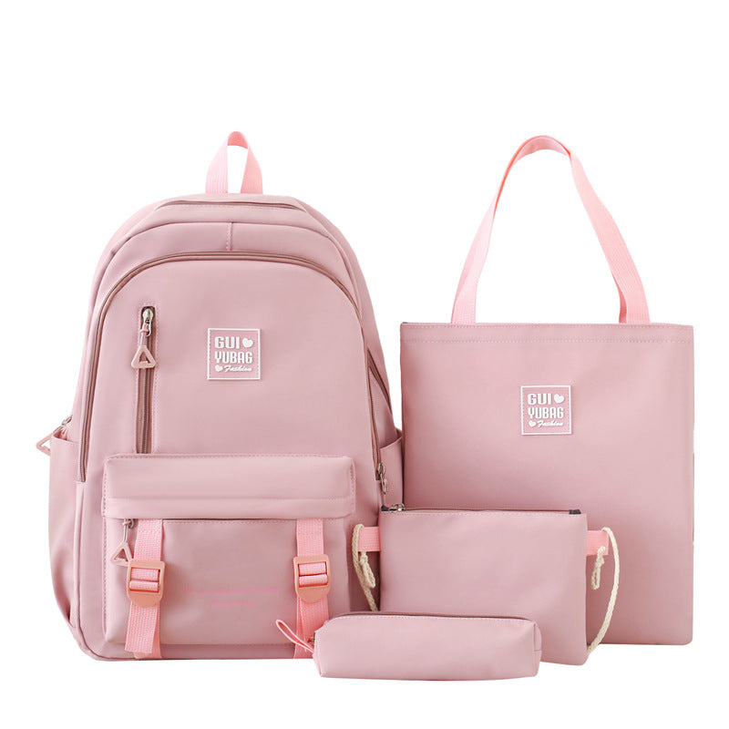 New student schoolbag solid color simple backpack women's large-capacity student four-piece set multi-functional schoolbag tote bag
