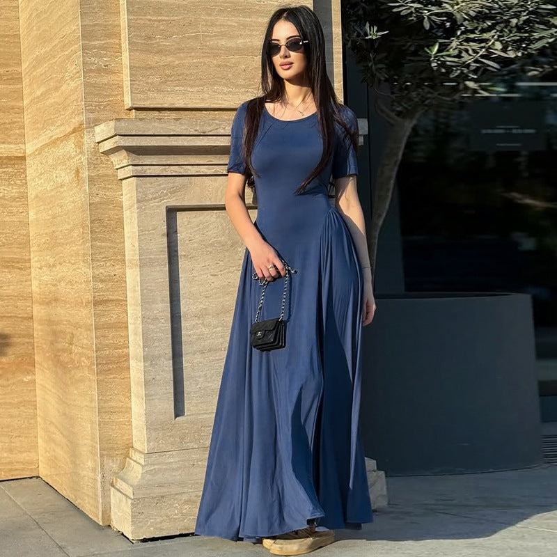 European and american women's clothing  summer new arrivals: solid color fashionable elegant round neck slim fit short sleeve a-line maxi dress