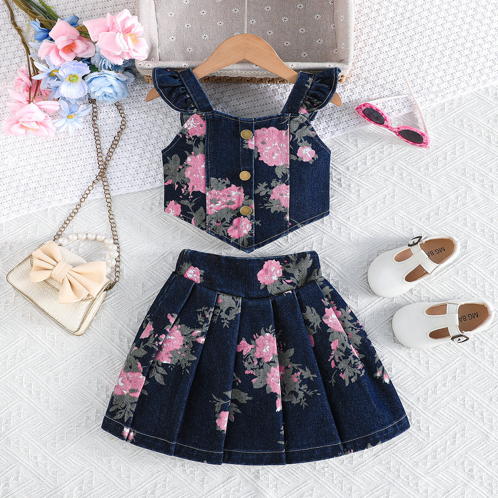 girls' summer denim outfit: sweet floral print cami top + pleated mini skirt