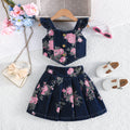 girls' summer denim outfit: sweet floral print cami top + pleated mini skirt