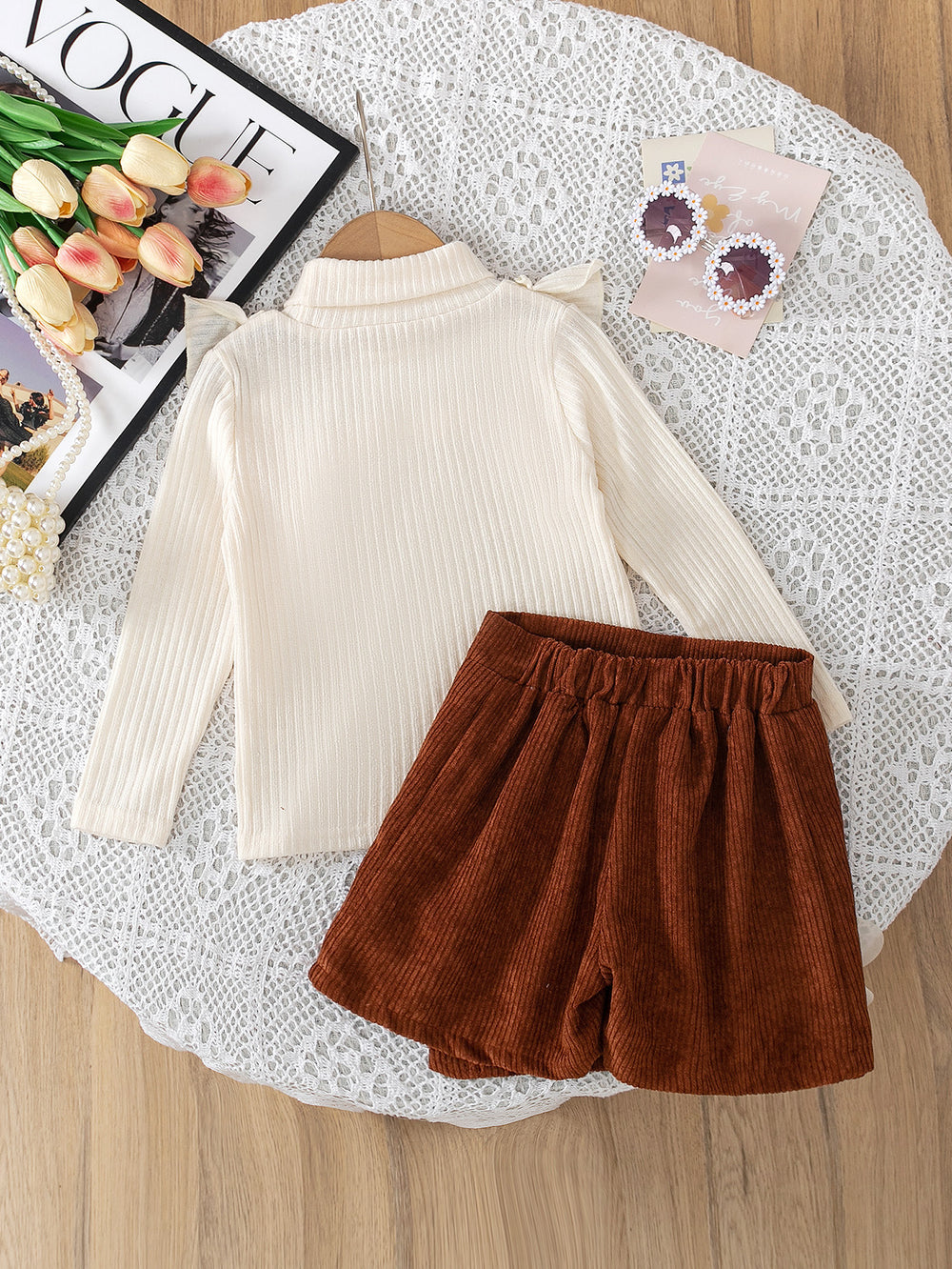 autumn new arrival: cross-border e-commerce sweet ruffle top & 3d floral shorts two-piece set for girls