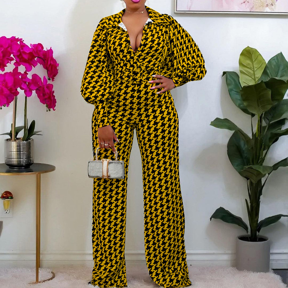 D177 european and american women's clothing independent station  spring loose elastic v neckstraight-leghigh waistelegant cross-border jumpsuit