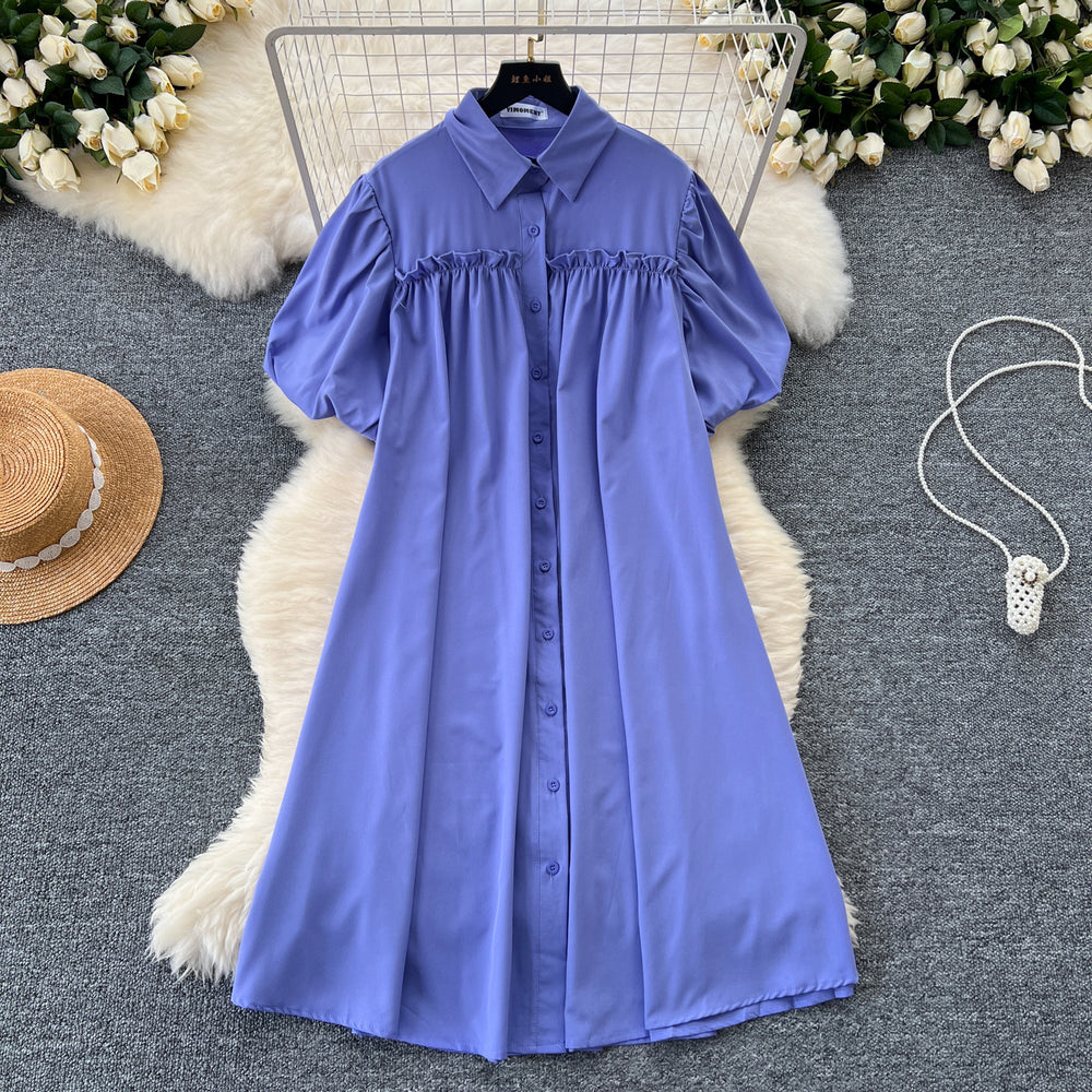 Lazy style dress women's korean style fashionsense of design lantern sleeves pleated single-breasted slimming lookloose shirt skirt