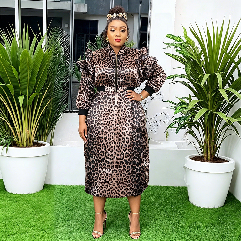 Aliexpress cross-border: plus size african women's leopard print top & skirt two-piece set with pockets