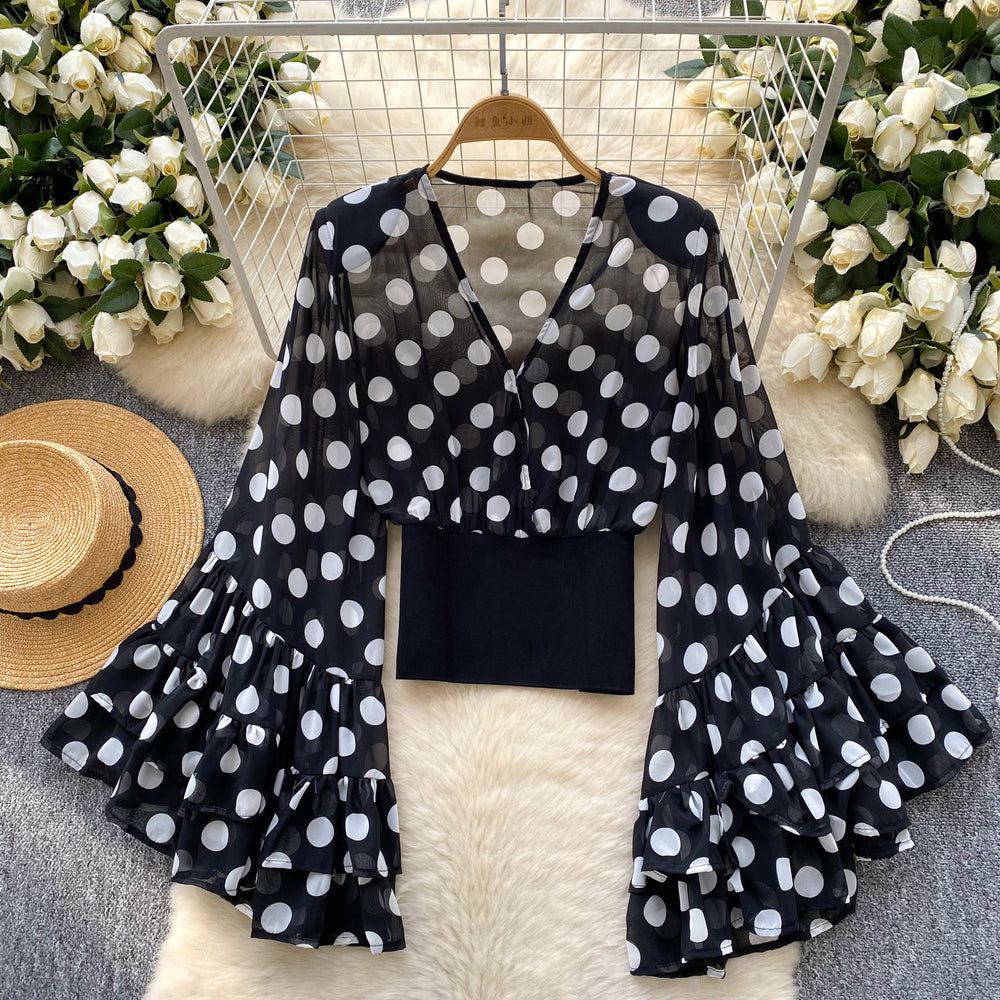 Popular new arrivalinsniche stylesense of designv neckflare sleevesprintingtopsfemale waisteasiest for matchchicaccessible luxuryshirt