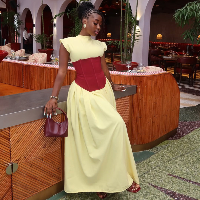 European and American  women's clothing 2025 autumn new temperament semi-turtleneck splicing waist dress medium and long dress