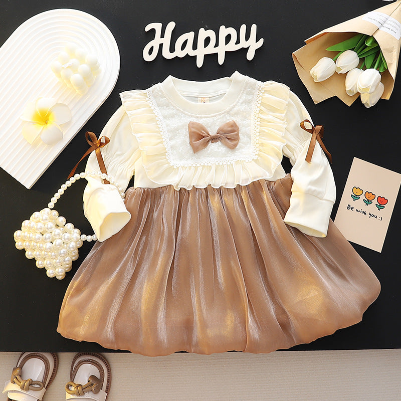 Girls' dress: sweet and stylish round neck floral lace bow patchwork long sleeve princess dress for toddlers and young children