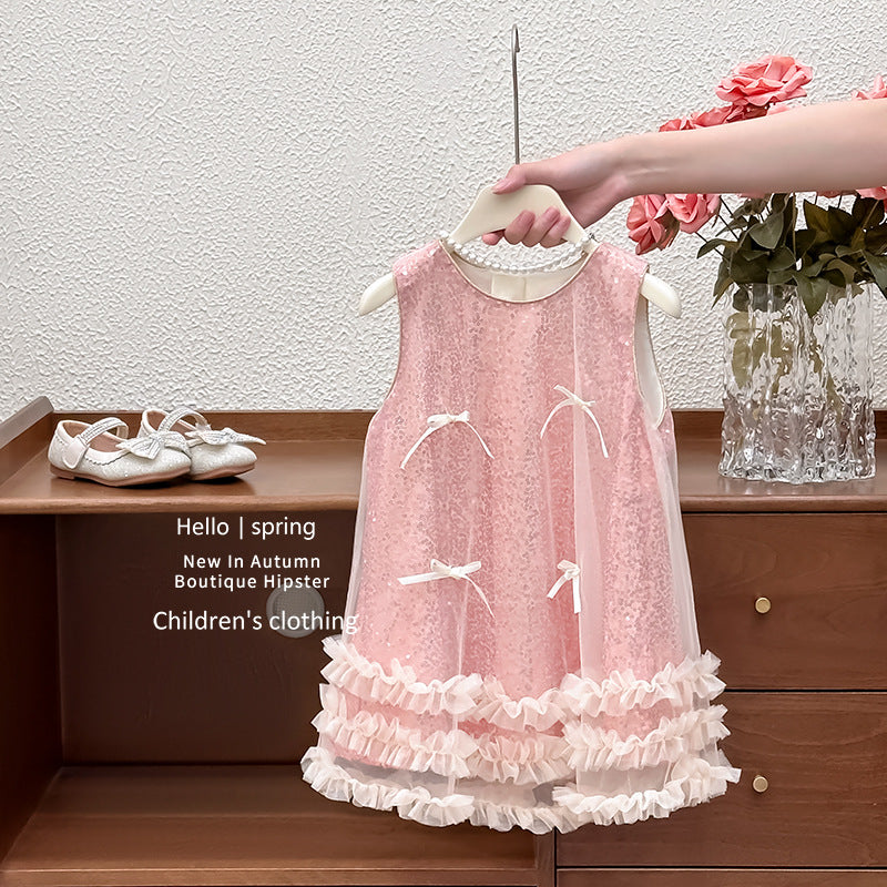 【clearance】girls' princess dress - new summer collection: stylish mesh dress with vest top, sequin detail, and bow accent