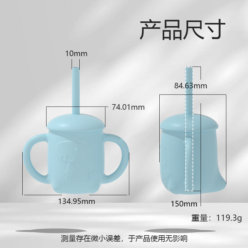 Customized  children's binaural straw cup, silicone water cup, cartoon snack cup, baby learning drink cup, feeding complementary food cup