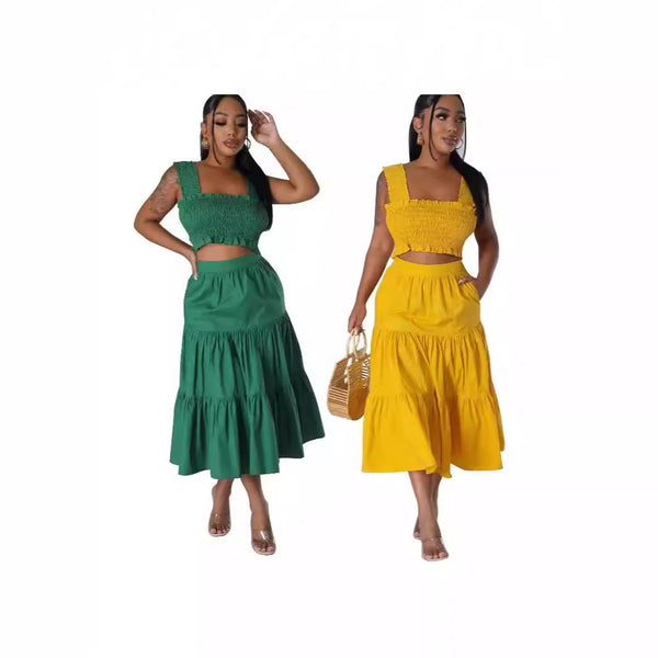 YZ1364 European and American  women's clothing   fashion collection chest wrapping splicing skirt two-piece set with pockets
