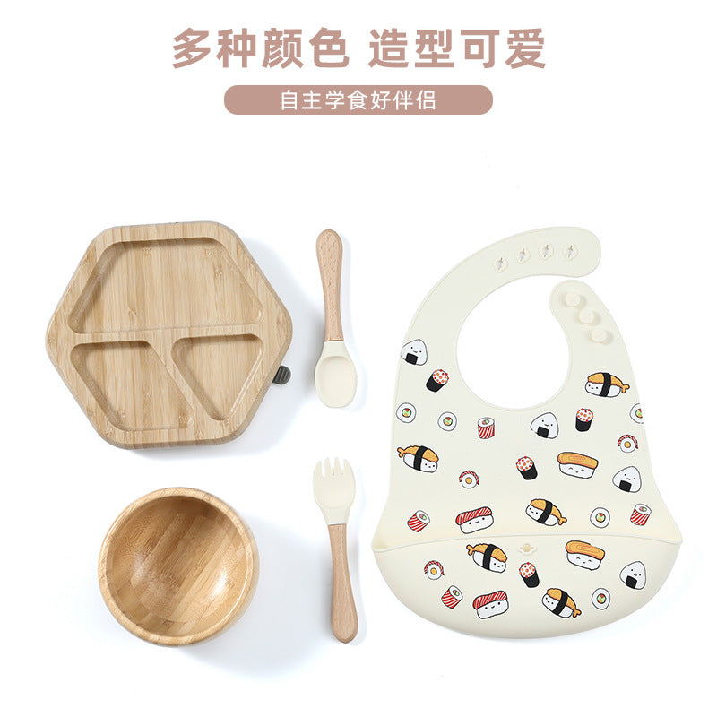 Cross-border hot-selling infants and young children eating complementary food silicone plate drinking water silicone feeding tableware seven-piece tableware set