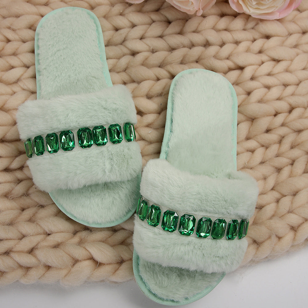 Thick sole fur slippers women's fall and winter indoor and outdoor 2024new arrivalclassy rhinestone stuffed slippers cotton slippers women's shoes