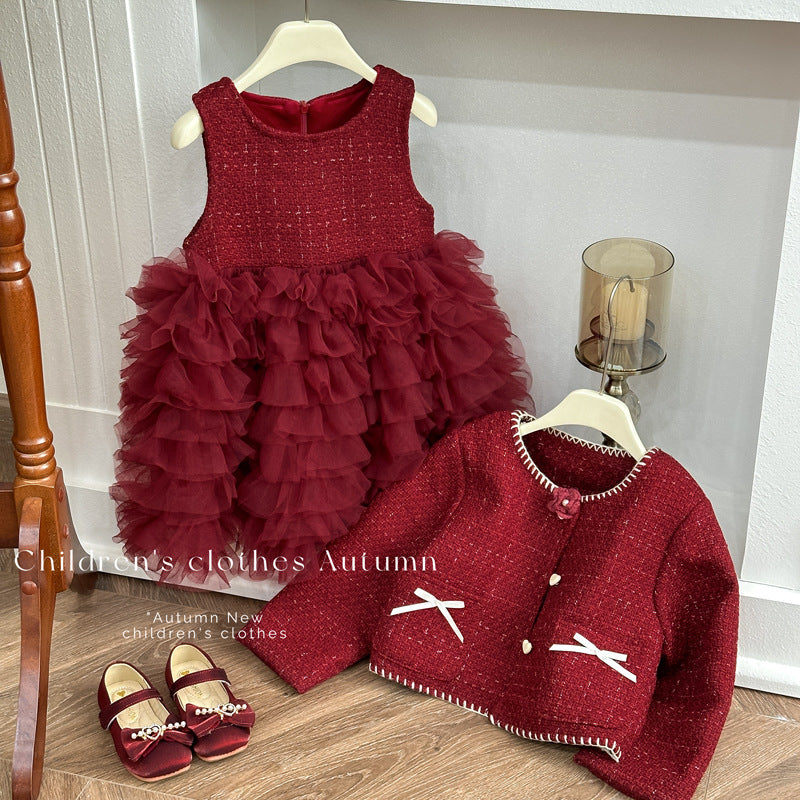 【custom wholesale】girls' dress  winter red fashionable princess dress first birthday outfit fleece-lined vest dress