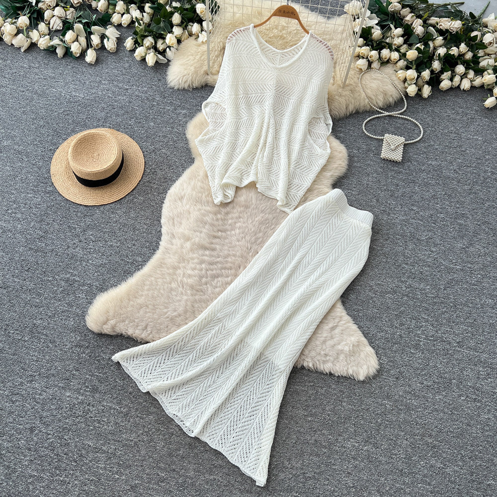 French chic cutout knit two-piece set - women's summer slim fit, slimming, minimalist, elegant, and professional attire