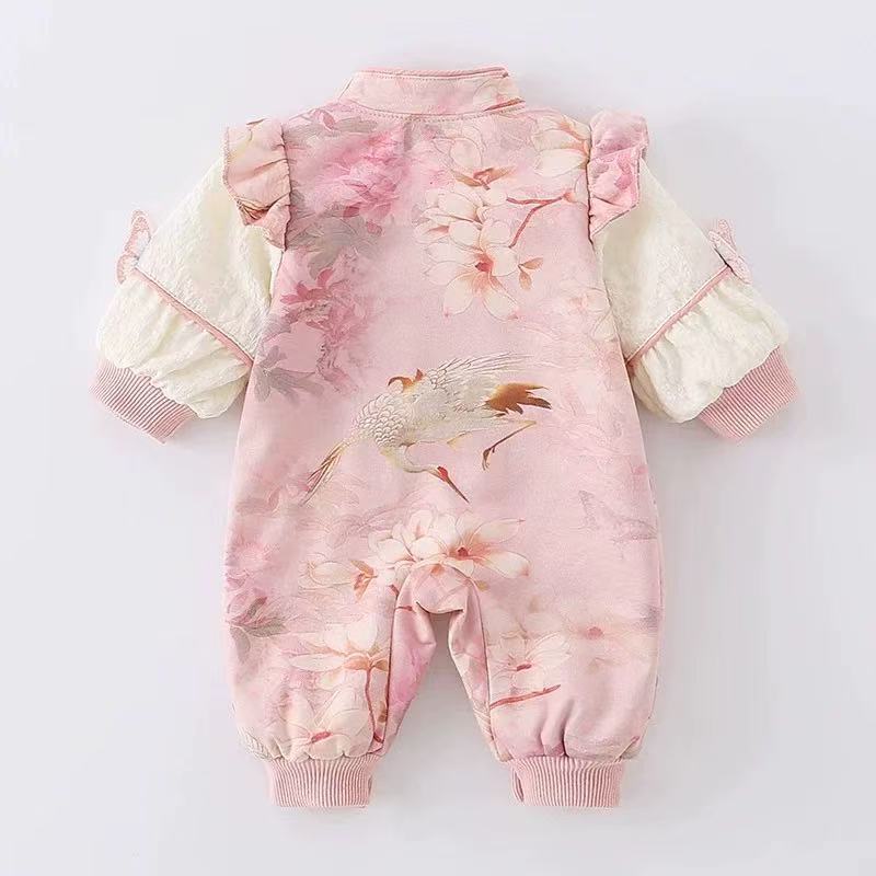 Baby spring & fall onesie, first birthday chinese style outfit, romper, chinese style newborn 100-day celebration outfit, crawling suit for baby girls
