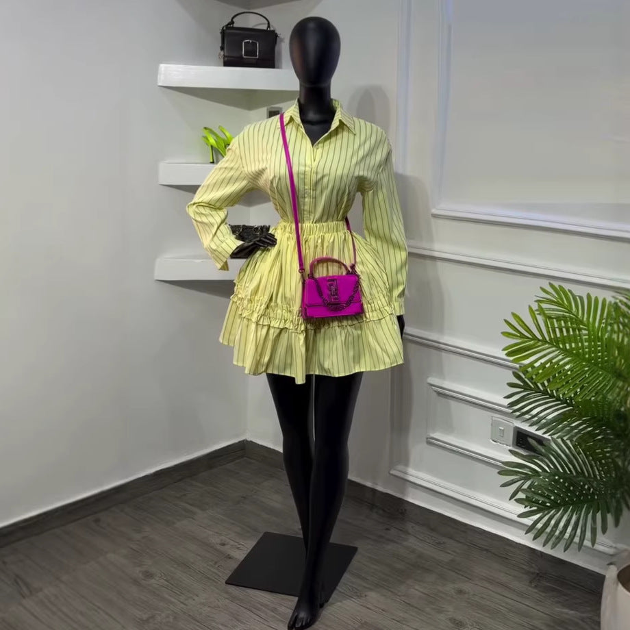 Fashion cross-border women's clothing  summer new style elegant lapel stripeslong sleevesshirt high waist skirt suit