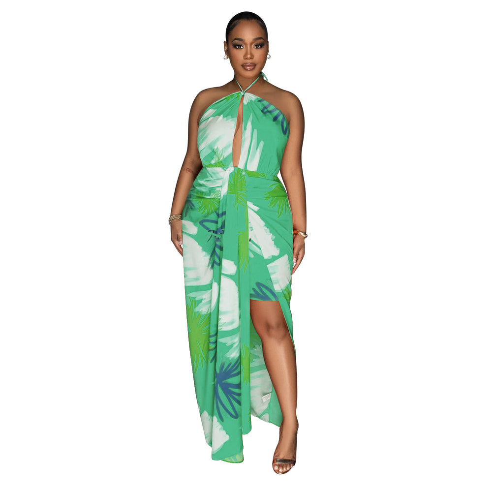 C6921 cross-border   independent station fashionfashion women's backless tie back printing dress length