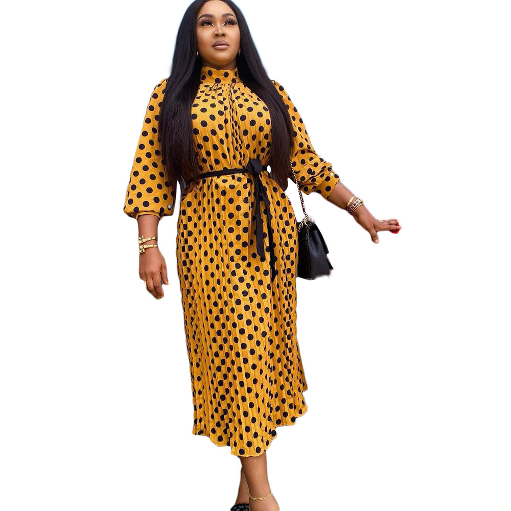 D123t   cross-border women's loose pleated polka dot maxi dress, plus size european and american style dress
