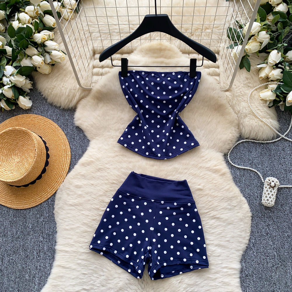 Gentle wind red polka dot tube top vest high waistshortstwo-piece set female summercasualslimming looksuit outfit