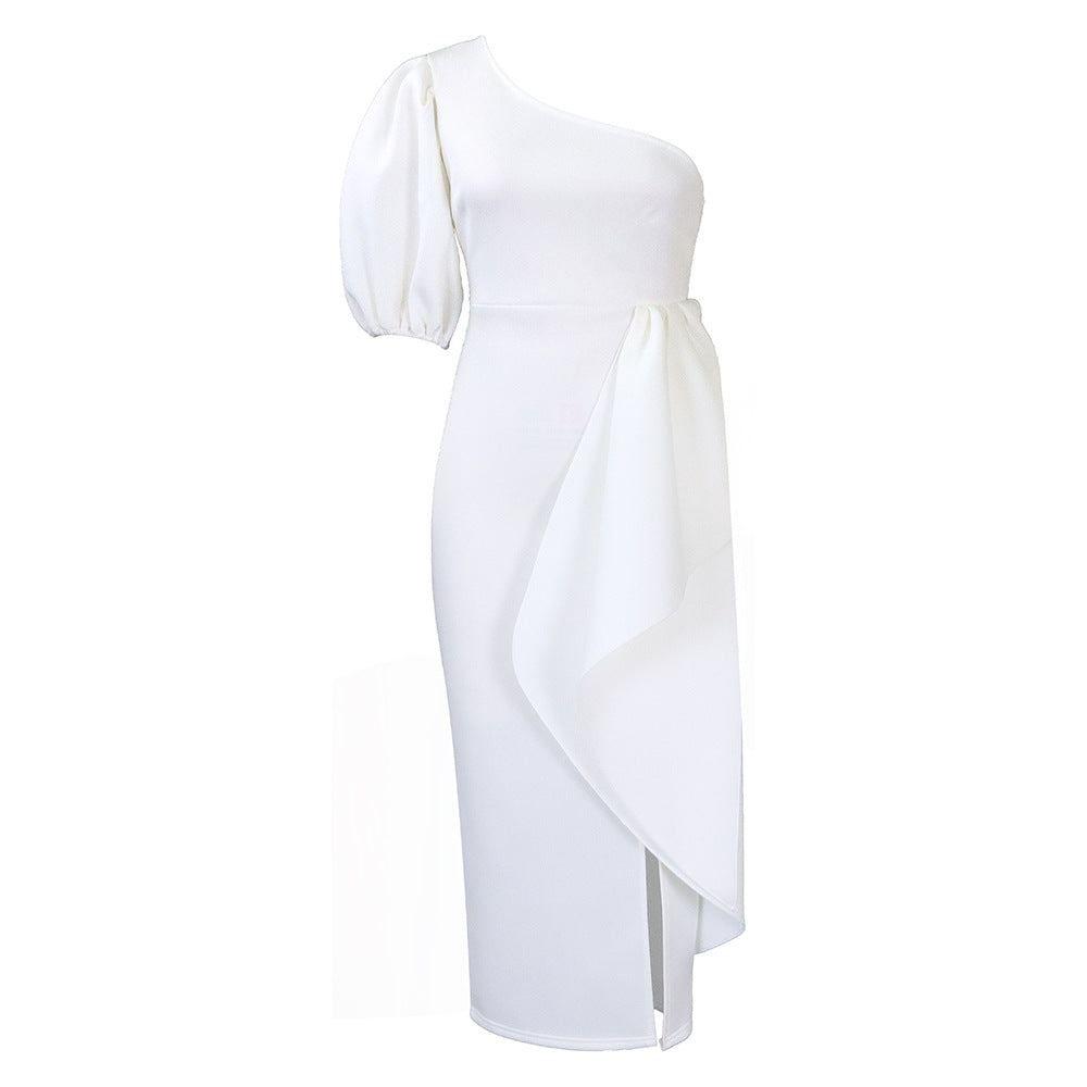 D327export women's clothing  new independent station oblique collar slit ruffles dress sexy european and american dress