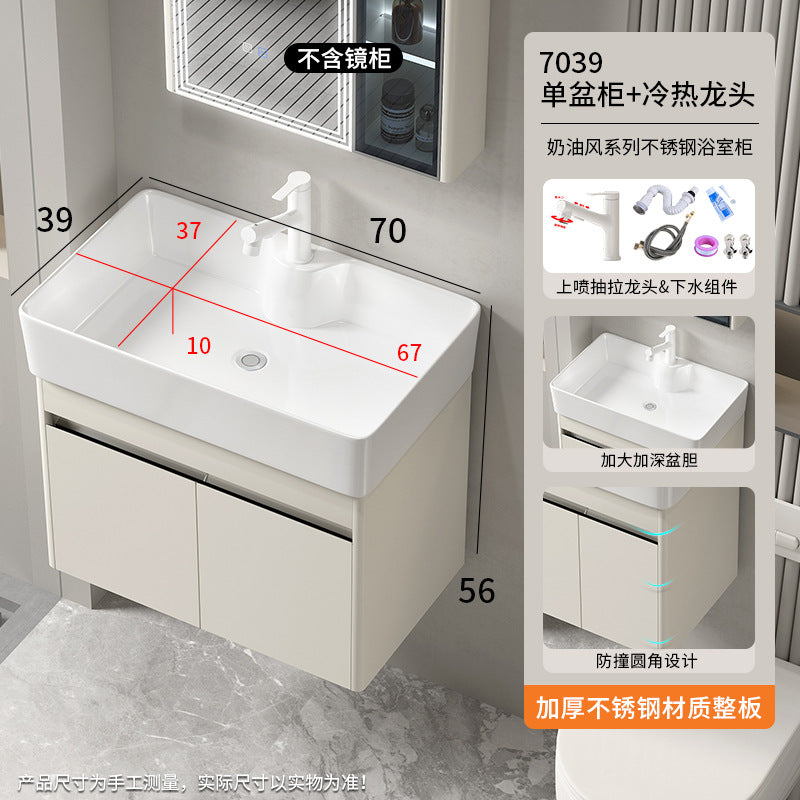 Small apartment bathroom cabinet Thickened stainless steel washstand Integrated cabinet Storage mirror Washstand Deepened ceramic integrated basin