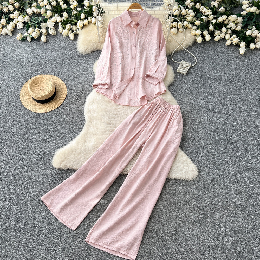 Lazy style sense of design diamond stripesshirtloose pantstwo-piece set women's spring autumwork clothingcasualelegantsuit