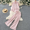 Lazy style sense of design diamond stripesshirtloose pantstwo-piece set women's spring autumwork clothingcasualelegantsuit
