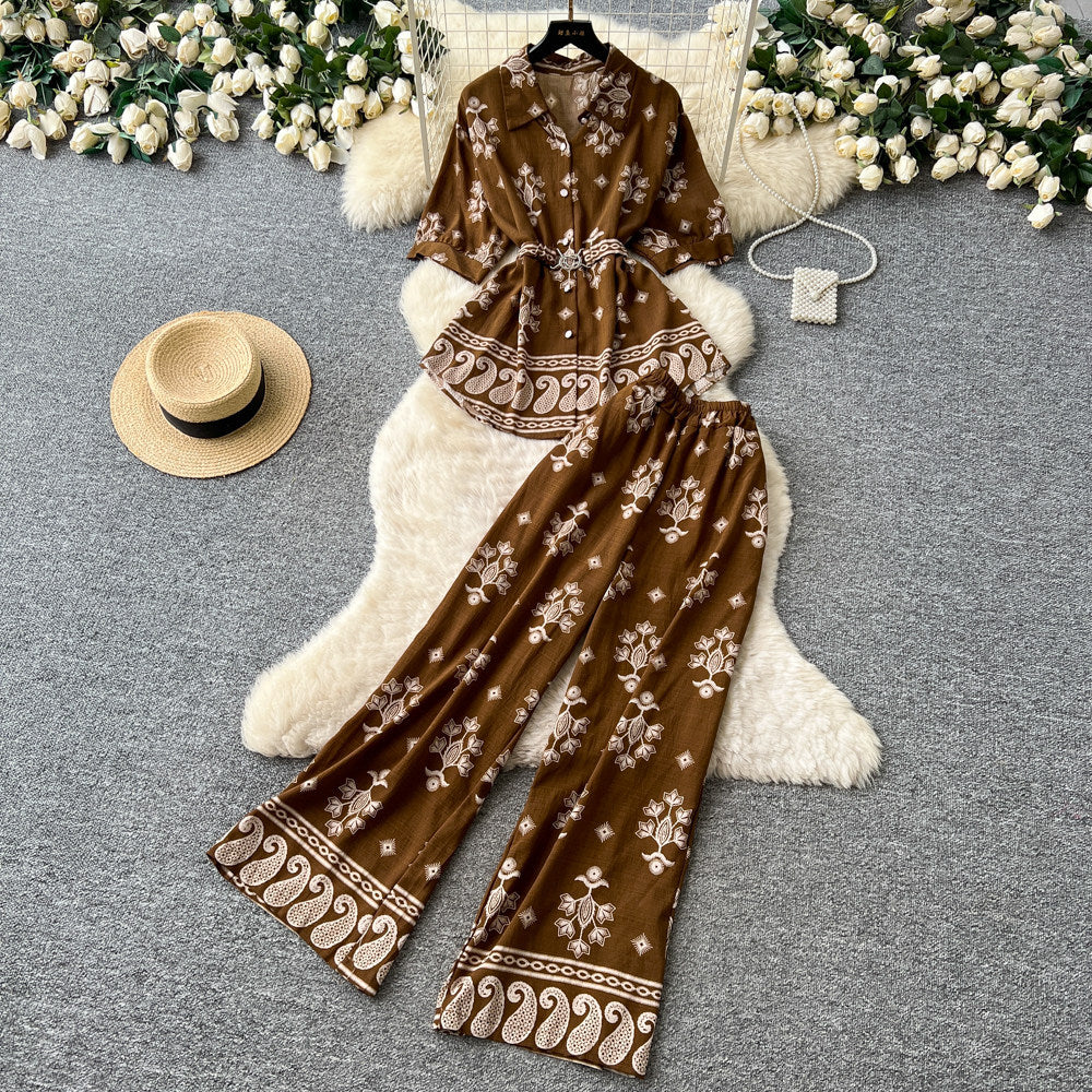 Commuting style printing lapel casualtwo-piece set women's summerretrolong sleeves waist slimming lookeasiest for matchelegantsuit