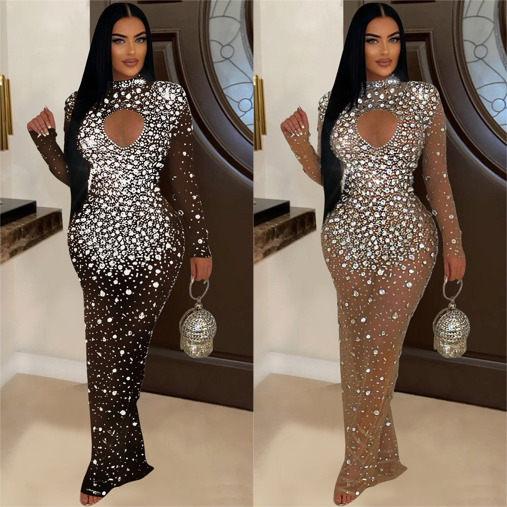 C6993 cross-border   independent station fashionfashion women's round neck hot diamond dress long skirt new