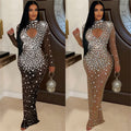 C6993 cross-border   independent station fashionfashion women's round neck hot diamond dress long skirt new