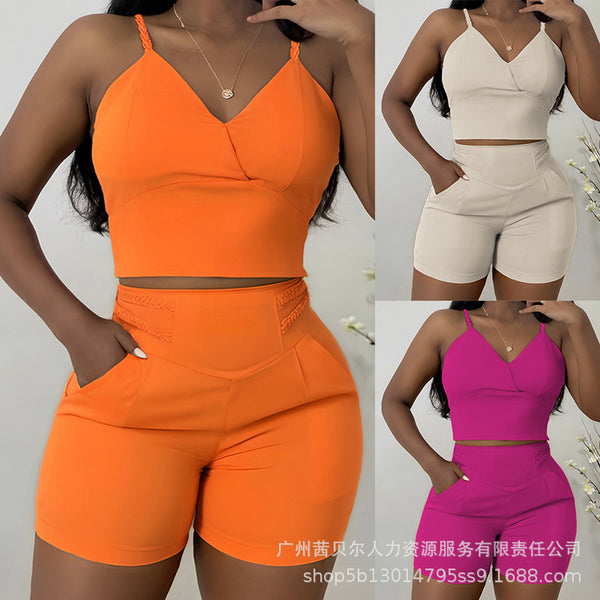WMLLS0001 European and American  twist suspender top + shorts set 2-piece set