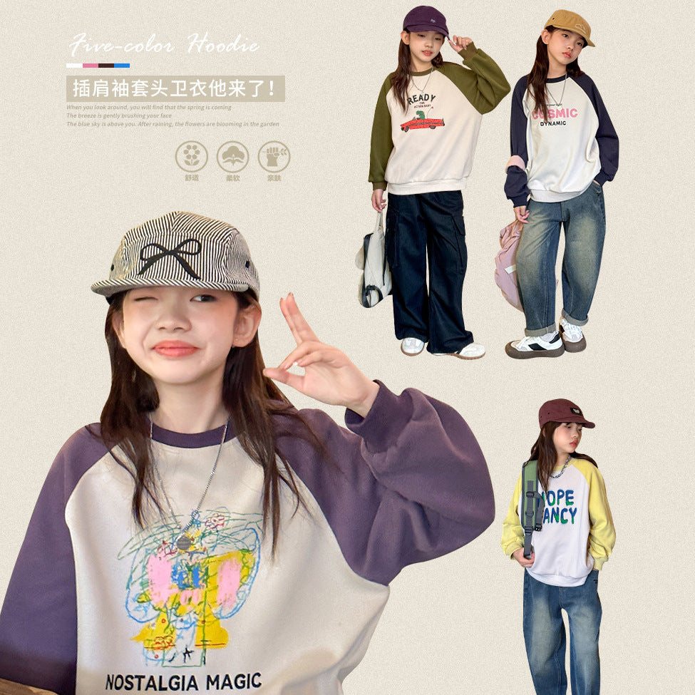 Girls' stylish t-shirt top - autumn collection, cartoon sleeve, loose fit, long sleeve,  new arrival, mid-to-large size, color block base layer, trendy