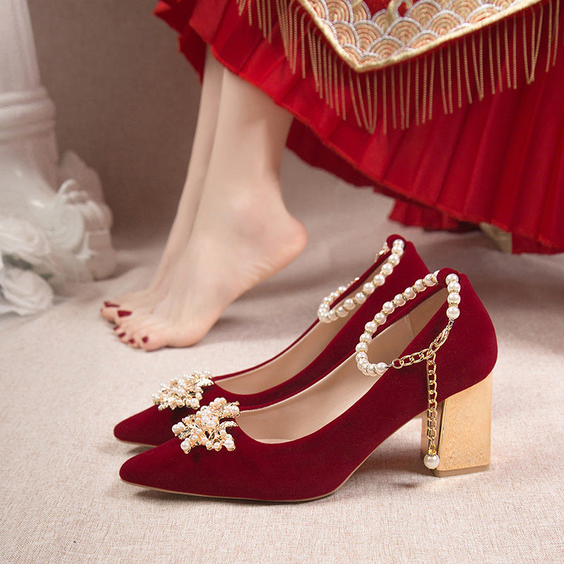 Wedding shoes for women with thick heels 2023fall and winternew arrival bride red non-tiring feet wedding dress high heels shoes xiuhe clothes two wears