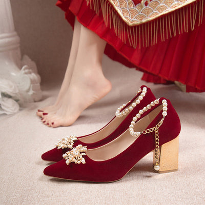 Wedding shoes for women with thick heels 2023fall and winternew arrival bride red non-tiring feet wedding dress high heels shoes xiuhe clothes two wears