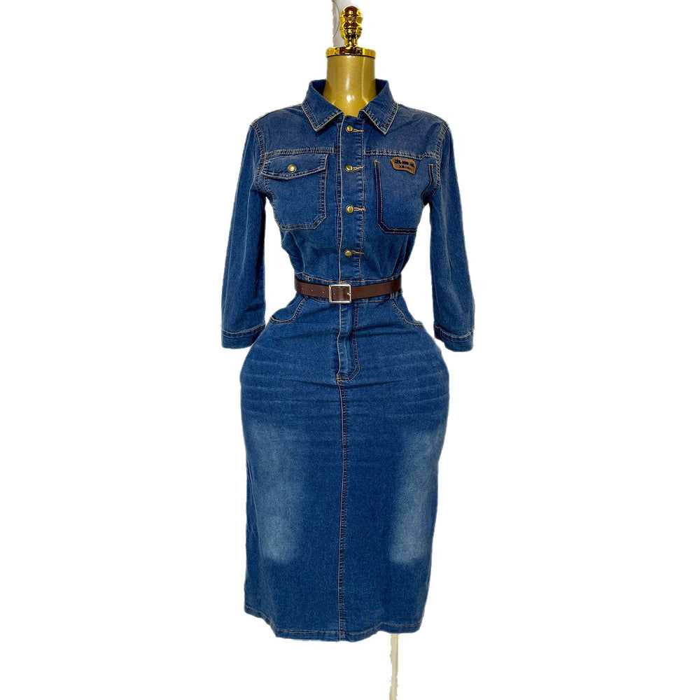 foreign trade autumnew arrivalshirt denim skirt women's retro h-shaped waist micro-elastic denim dress