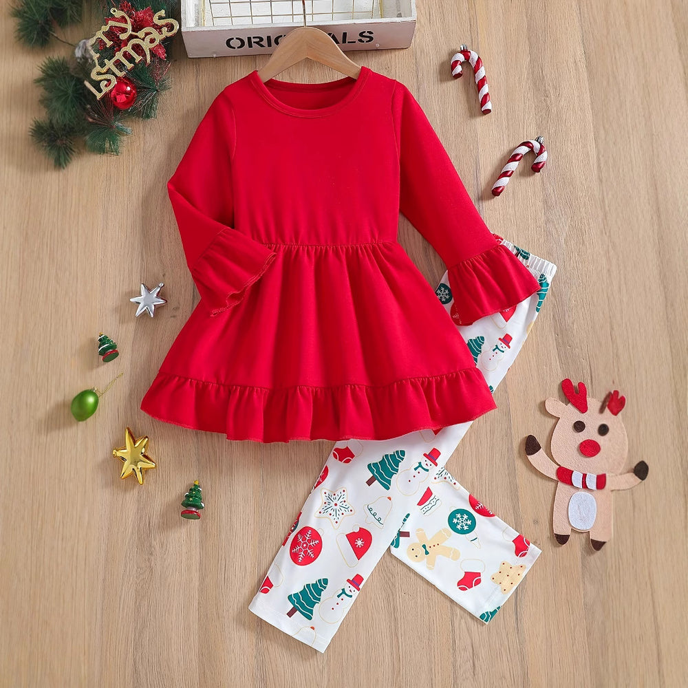 Girls' two-piece christmas outfit: red crewneck top with flared sleeves and printed skirted pants set (suitable for export)